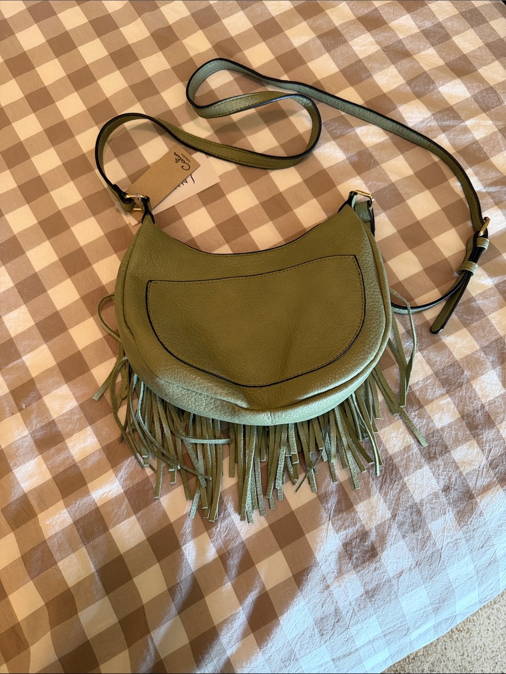Fringed Olive Green Vegan Crossbody Bag with Adjustable Strap - Picture 3 of 3